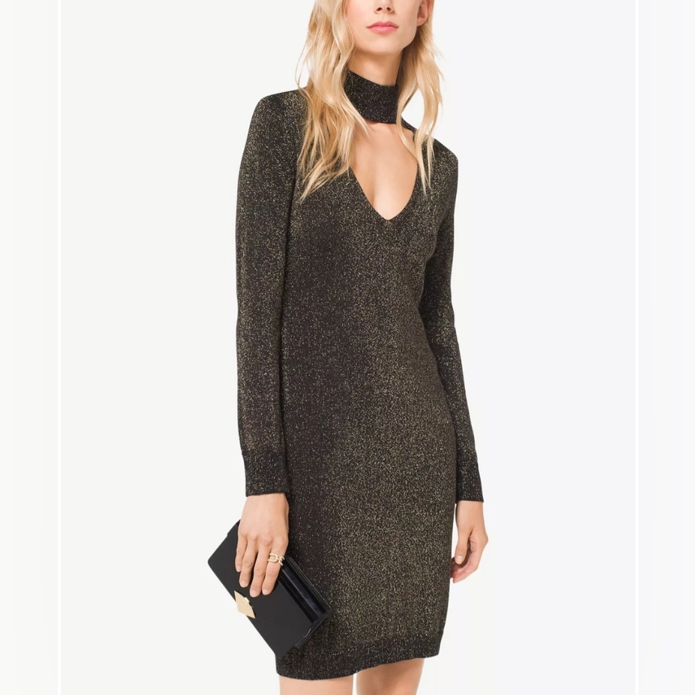 NWT Michael Kors Black & Gold Metallic Midi Dress with Choker Neckline Small ✨️